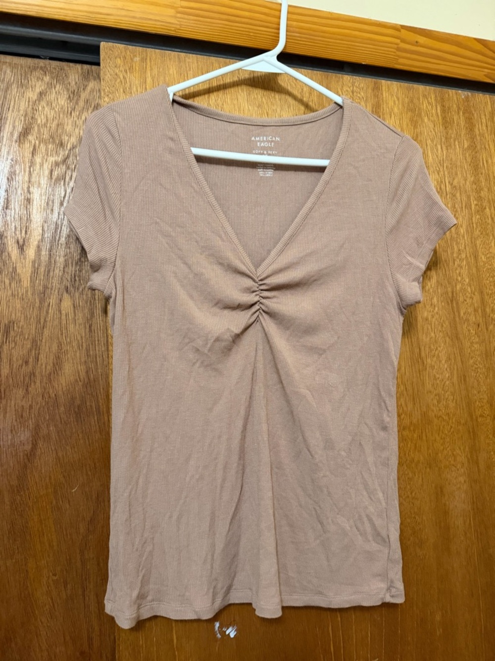 AE American Eagle Soft & Sexy Cinch Front V Neck T-Shirt Brown Large